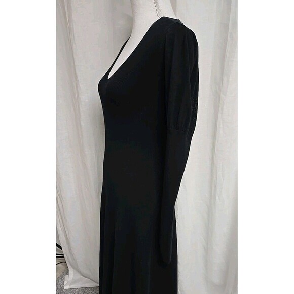 REBECCA TAYLOR Ribbed Knit V-Neck Puff Sleeves Midi Dress Stretch Black Size S - Picture 5 of 13